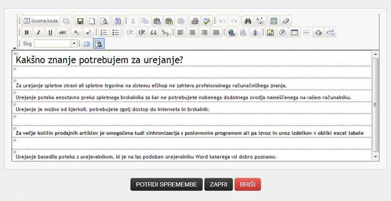 Urejevalnik besedila v spletni trgovini
