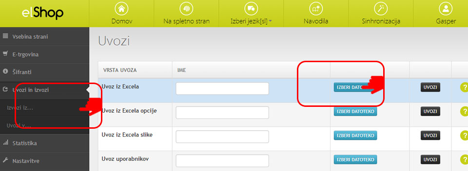 elShop navodila excel